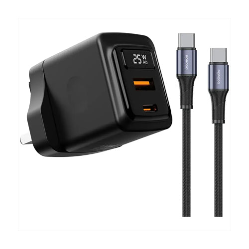 Porodo GaN 25W Dual USB-C Wall Charger With Type-C to Type-C Cable - Black