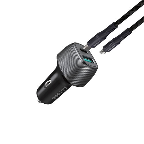 Porodo Dual Port Car Charger with Braided Type-C to Lightning Cable