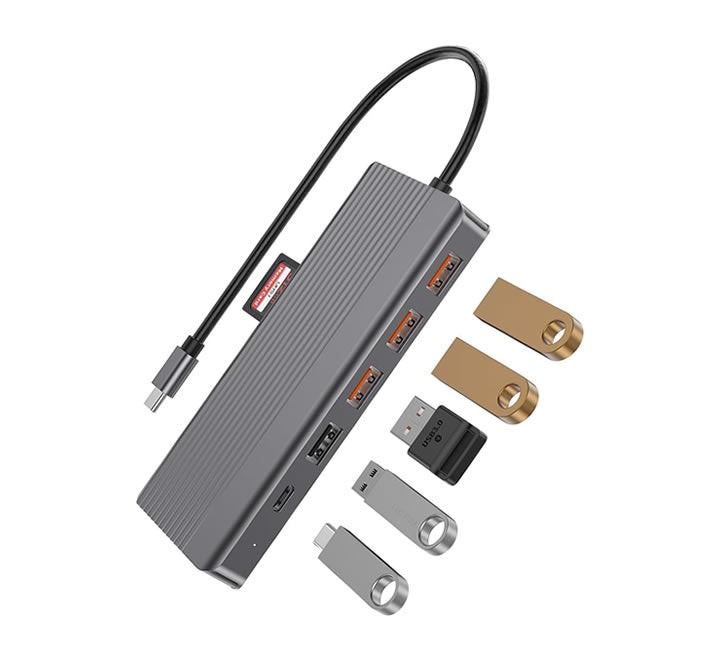 Powerology 13in1 USB-C Hub 4K HDMI Type-C 100W PD Ethernet USB SD MicroSD 3.5AUX - Dark