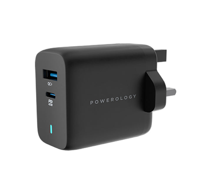Powerology Dual Port Ultra-Quick GaN Charger QC3.0 + PD 45W  with USB-C to USB-C 60W Cable - Black