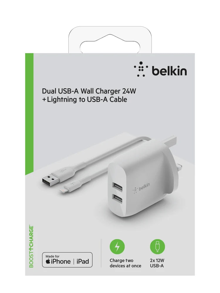 Belkin Dual USB-A Wall Charger 24W + Lightning Cable to USB-A