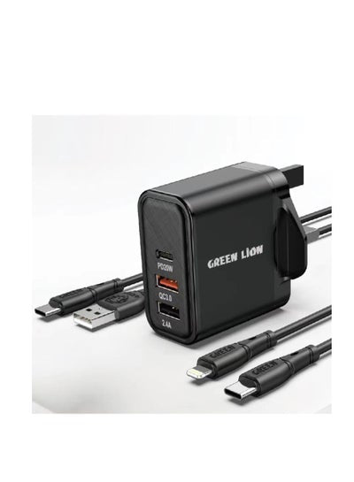 Green Ultra Quick 3 Output Compact Charger with Type-A to Type-C