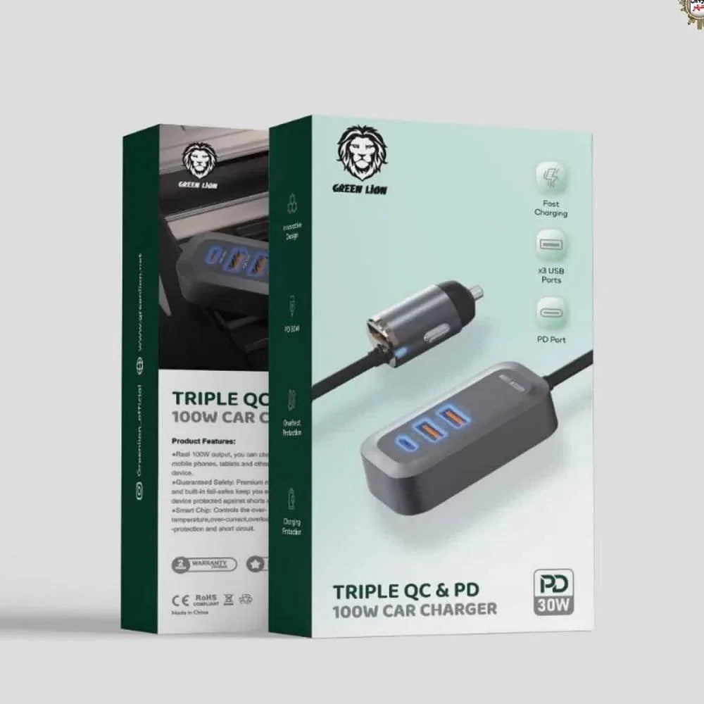 Green Lion 100W Car Charger Triple QC & PD 30W  - Black